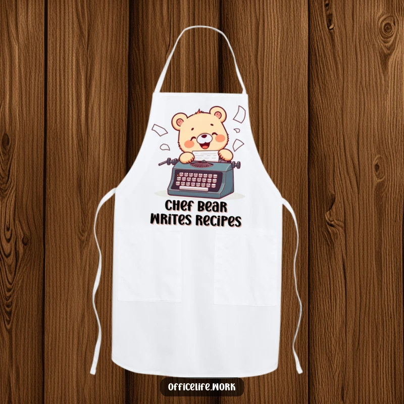 Funny kitchen apron featuring a cheerful bear cub typing on a vintage typewriter, papers scattering with energy.
