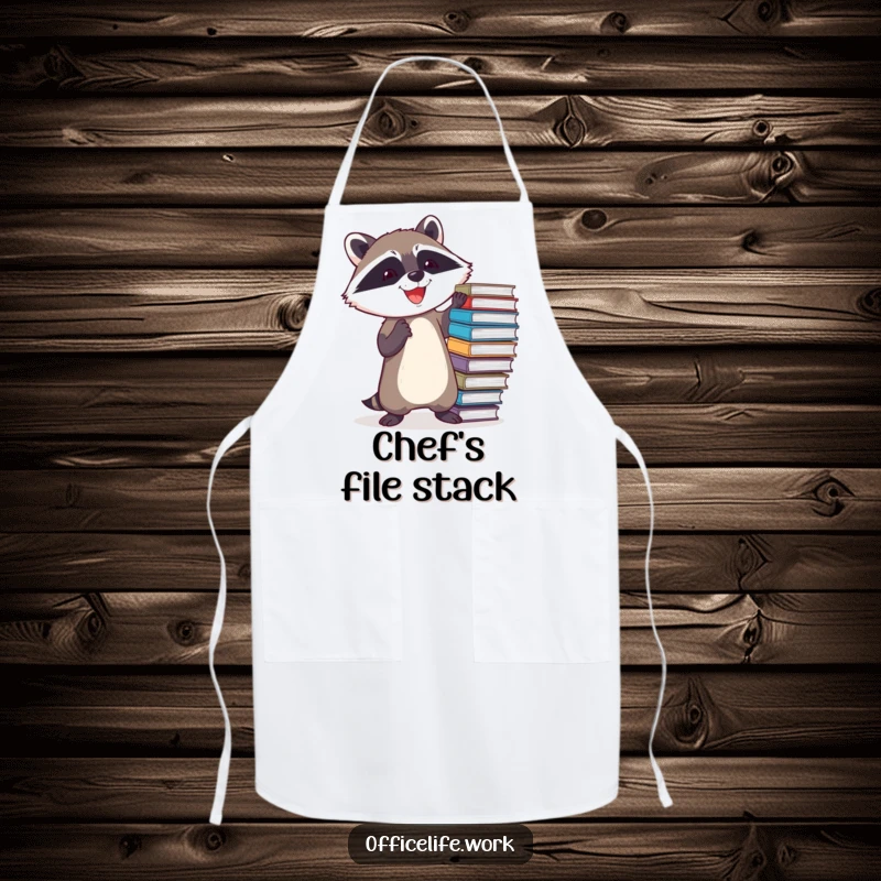 Funny apron with a determined raccoon joyfully balancing a teetering stack of files, ideal for kitchen or crafting fun.