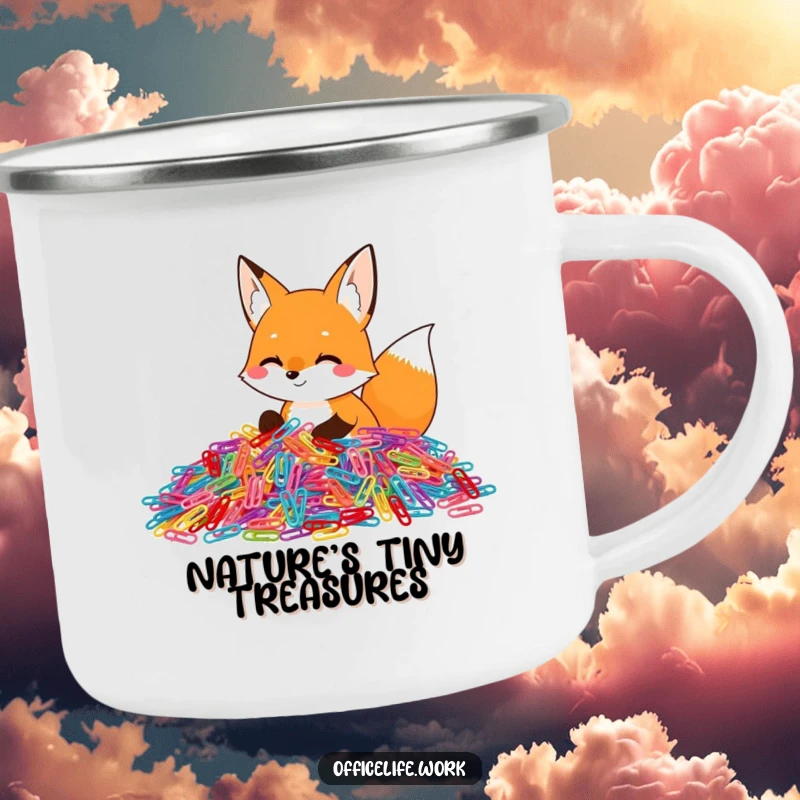 Funny camping mug with a happy fox enthusiastically sorting a huge pile of colorful paper clips, durable and cheerful for outdoor use.