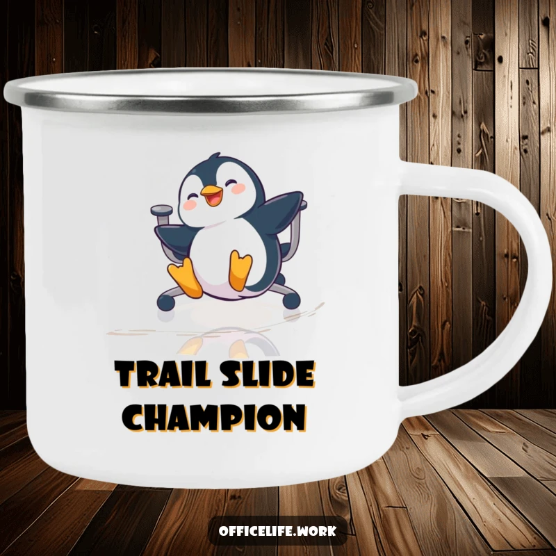 Funny camping mug featuring a playful penguin gleefully sliding on a chair across a polished office floor, for outdoor fun.