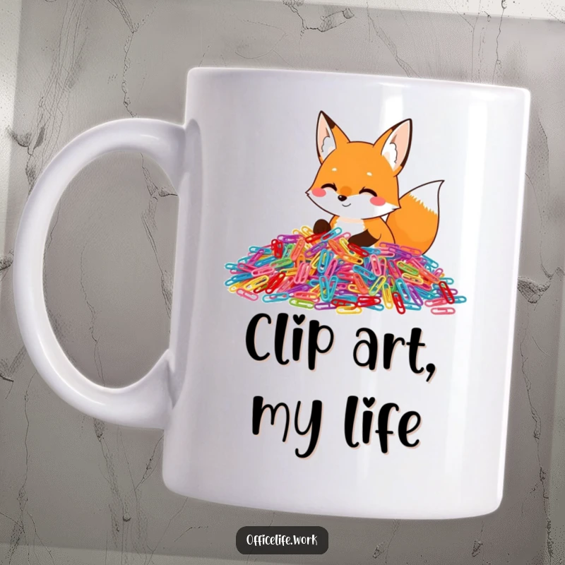 Funny mug with a happy fox enthusiastically sorting a massive pile of colorful paper clips, spreading joy and office cheer.