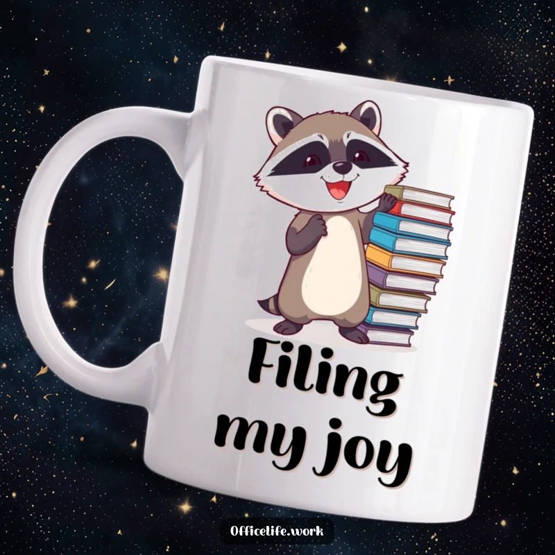 Funny mug showing a determined raccoon joyfully attempting to balance a teetering stack of office files, capturing workplace struggles.
