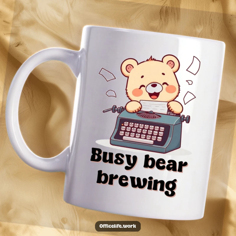 Funny mug of a cheerful bear cub excitedly typing on a vintage typewriter, with papers flying around.
