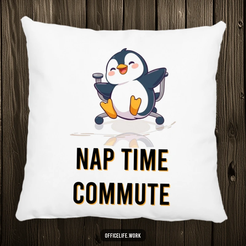 Funny pillow featuring a playful penguin gleefully sliding on a chair across a polished office floor, cozy and amusing.