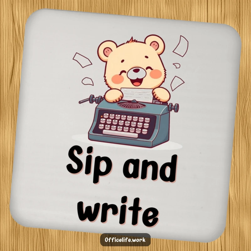Funny drink coaster with a cheerful bear cub typing on a vintage typewriter, papers flying across the surface.