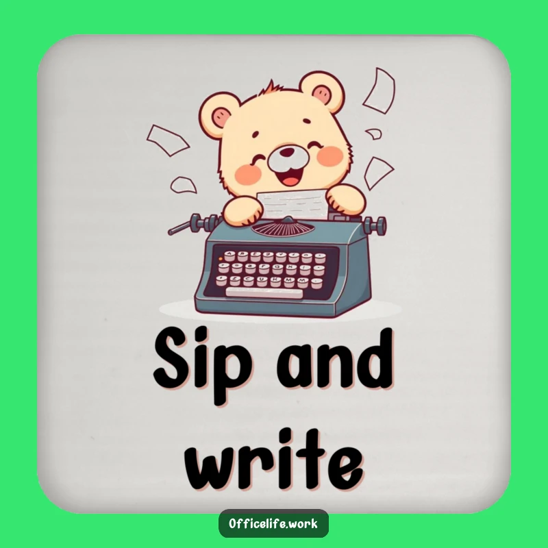 Funny Bear Cub Typist Coaster: Vintage Writer Drink Protector, Cute Gift