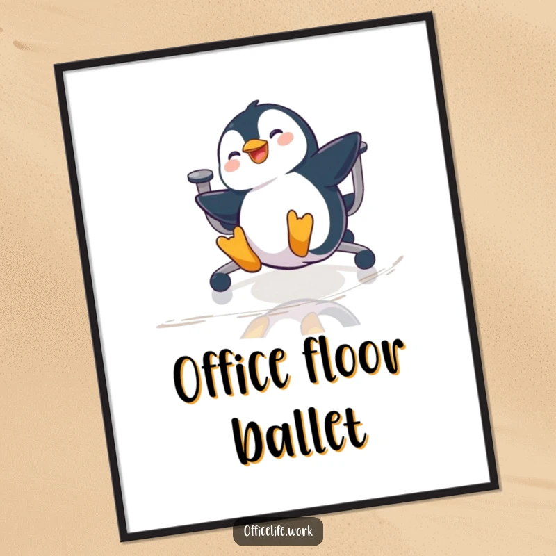 Funny poster showing a playful penguin gleefully sliding on a chair across a polished office floor, capturing office escapades.