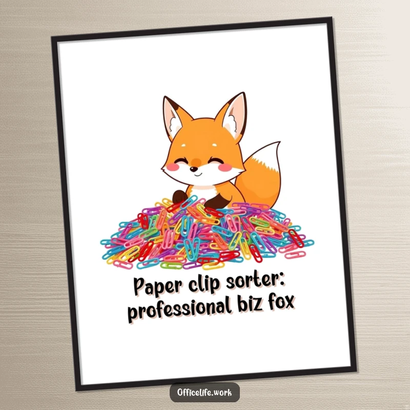 Funny Free Printable Fox Wall Art, a happy fox sorting a huge pile of colorful paper clips, adding quirky office charm.