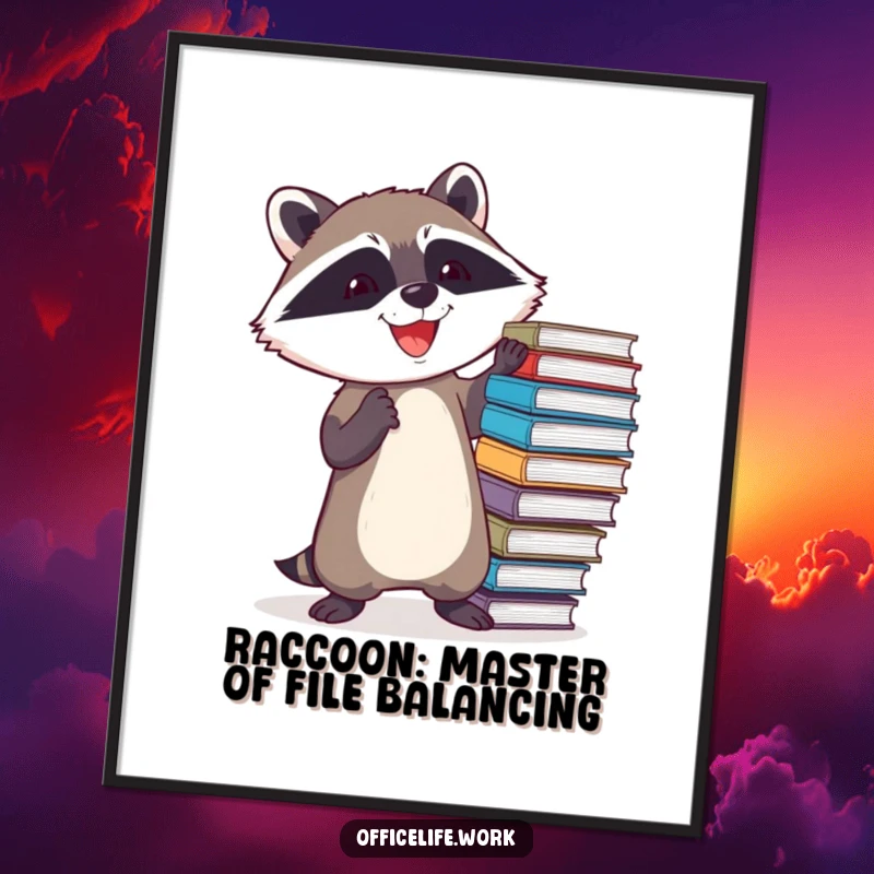 Funny Free Printable Raccoon Wall Art, a determined raccoon joyfully attempting to balance a teetering stack of files, adding office humor.