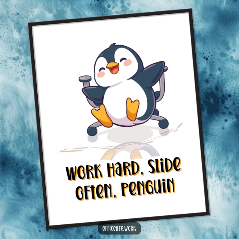 Funny Free Printable Penguin Wall Art, a playful penguin gleefully sliding on an office chair across a polished floor.
