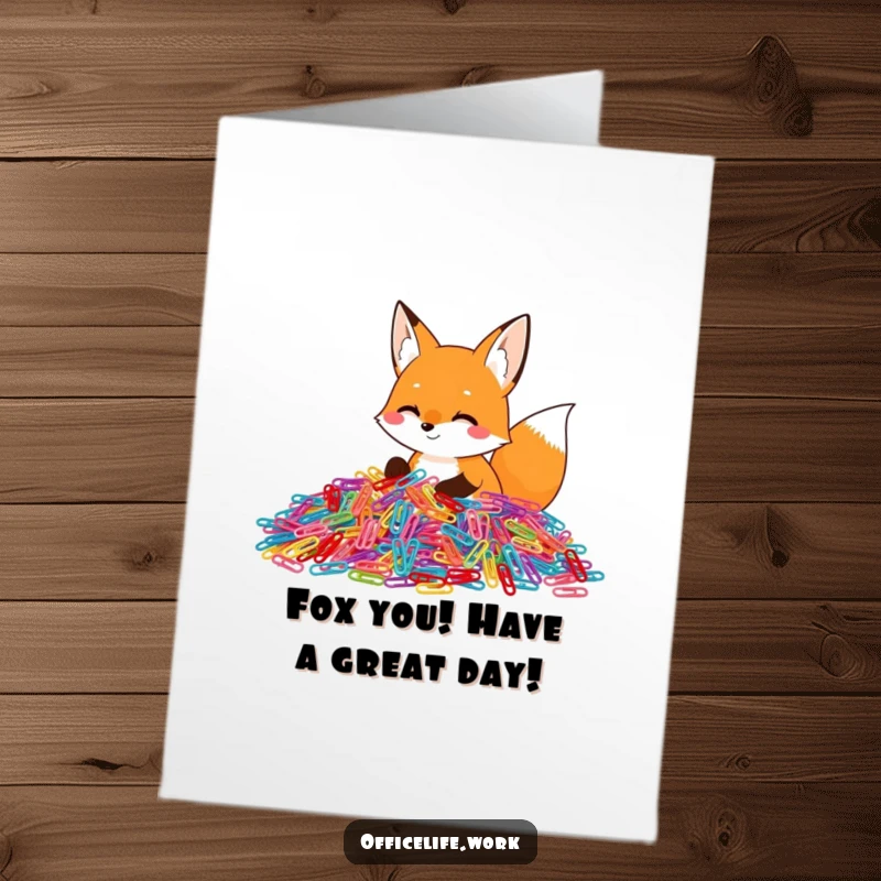 Funny Free Printable Fox Birthday Card, a happy fox enthusiastically sorting colorful paper clips, perfect for a unique DIY gift.