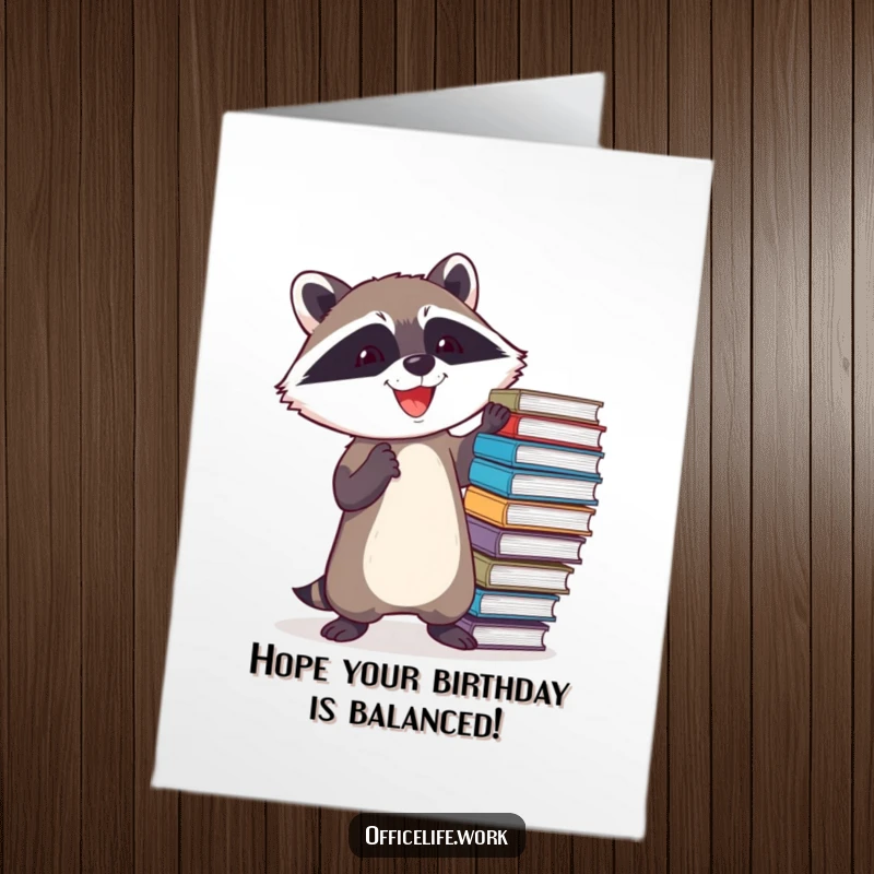 Funny Free Printable Raccoon Birthday Card, a determined raccoon balancing a teetering stack of files, ideal for a humorous greeting.