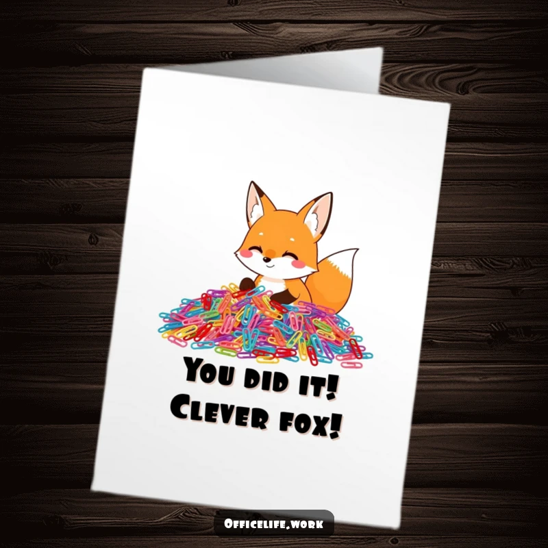 Funny Free Printable Fox Congratulations Card, a happy fox sorting paper clips, celebrating success with humor and a DIY touch.
