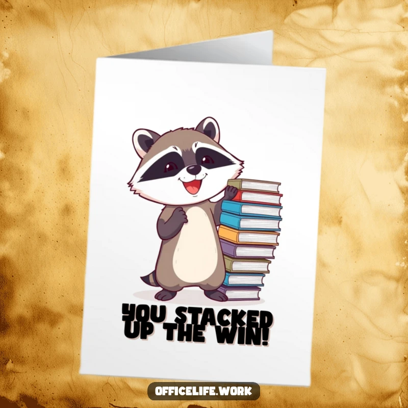 Funny Free Printable Raccoon Congratulations Card, a determined raccoon balancing a high stack of files, perfect for celebrating achievements.