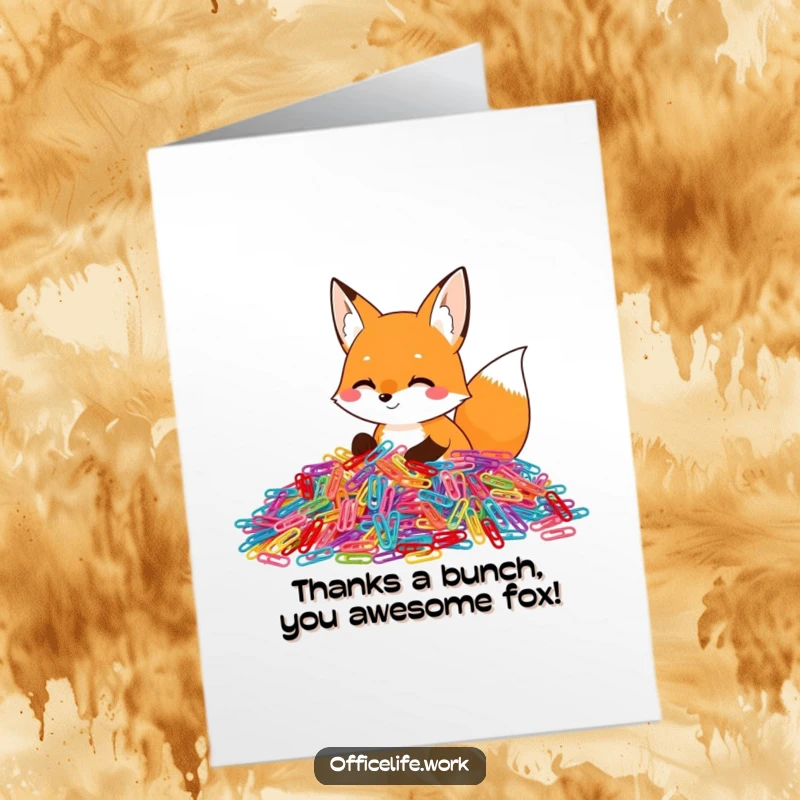 Funny Free Printable Fox Thank You Card, a happy fox sorting paper clips, a unique way to say thanks with humor.