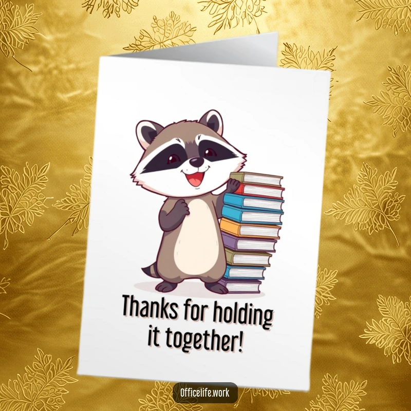 Funny Free Printable Raccoon Thank You Card, a determined raccoon balancing files, offering thanks with a unique, humorous touch.
