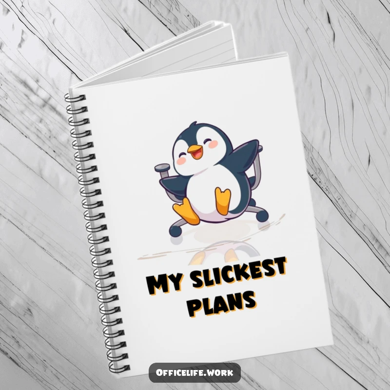 Funny notebook with a playful penguin gleefully sliding on a chair across a polished office floor, ideal for note-taking.