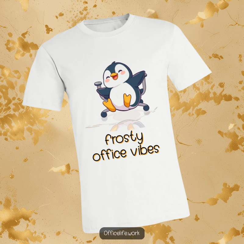 Funny t-shirt featuring a playful penguin gleefully sliding across a shiny office floor on a chair, embodying office mischief.