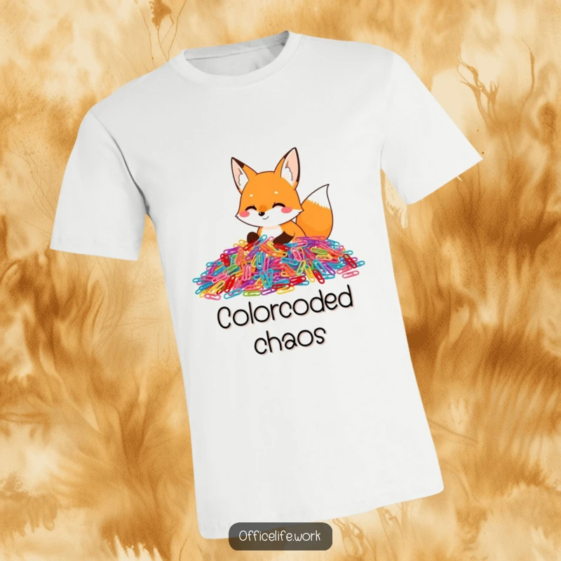 Funny t-shirt showcasing a happy fox enthusiastically sorting a huge pile of colorful paper clips, depicting meticulous but joyful chaos.