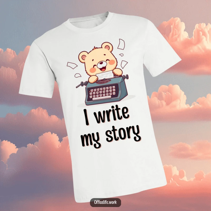 Funny t-shirt with a cheerful bear cub typing furiously on a vintage typewriter, papers flying everywhere.