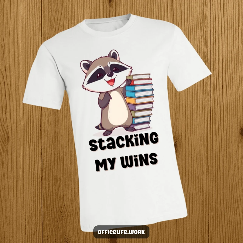 Funny t-shirt featuring a determined raccoon joyfully attempting to balance a wobbly stack of files, embodying organized chaos.