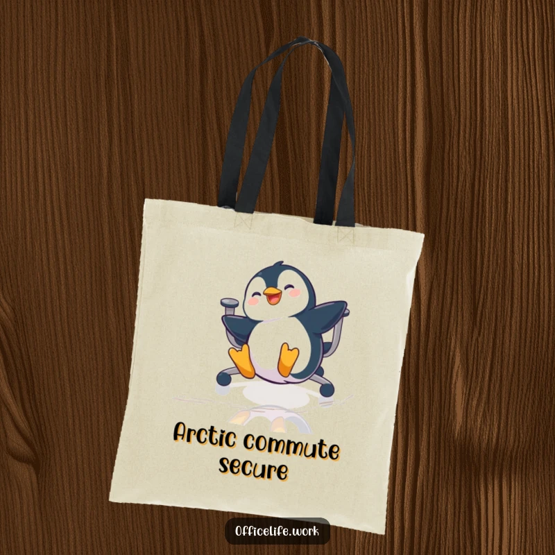 Funny tote bag featuring a playful penguin gleefully sliding on an office chair across a polished floor, a humorous carry-all.