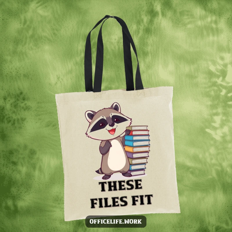 Funny tote bag featuring a determined raccoon joyfully balancing a teetering stack of files, a humorous and practical accessory.